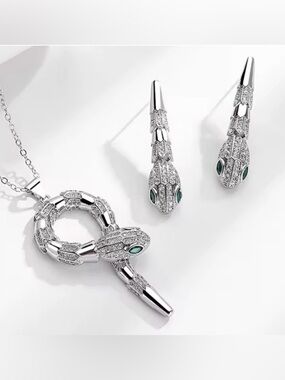 Serpent Loop Necklace & Earrings Set – Silver-Tone Crystal Snake Jewelry